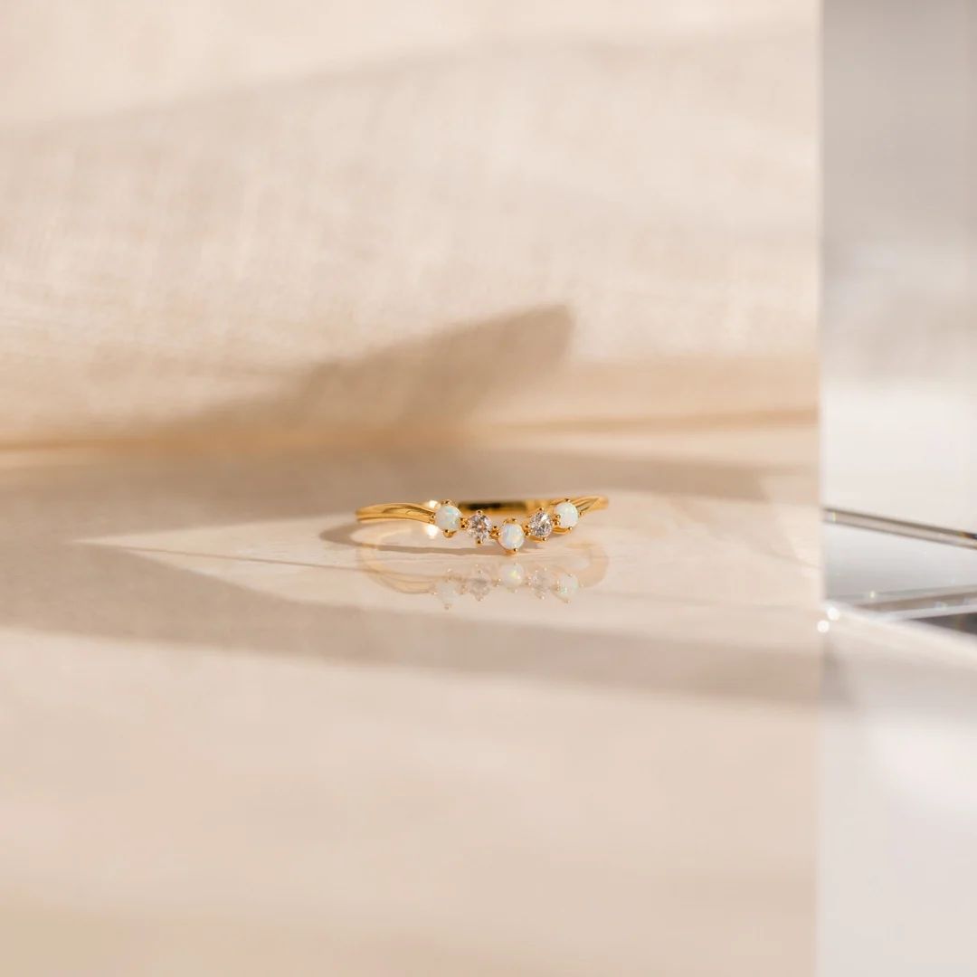 Opal and Diamond Wave Ring by Caitlyn Minimalist Dainty Chevron Ring Minimalist Gemstone Stacking... | Etsy (US)