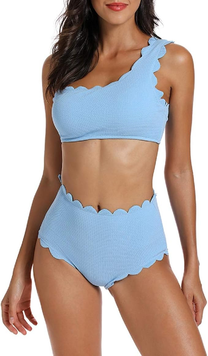 2 Piece One Shoulder Swimsuits for Women, High Waisted Bottom Scalloped Bikini Set, Petals Solid Wav | Amazon (US)