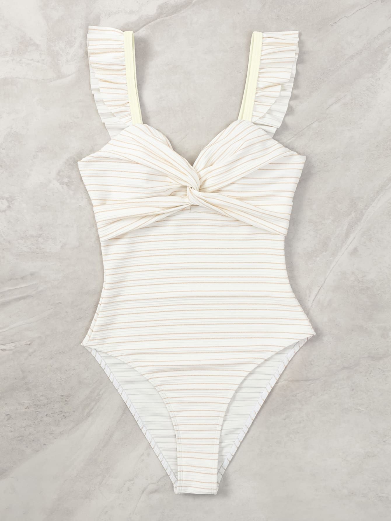 Striped Ruffle Trim Twist Front One Piece Swimsuit SKU: sw2302153530574986$10.30$9.79Join for an ... | SHEIN