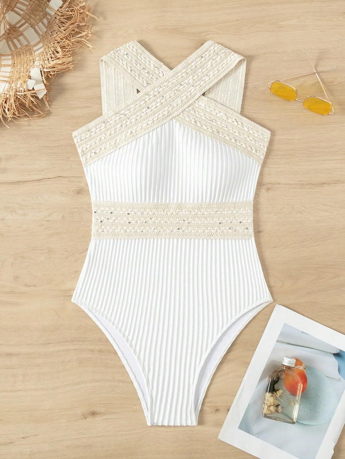 MakeMeChic Women's Criss Cross Stitching One Piece Swimsuit Rib Knitted Tummy Control Bathing Sui... | Amazon (US)