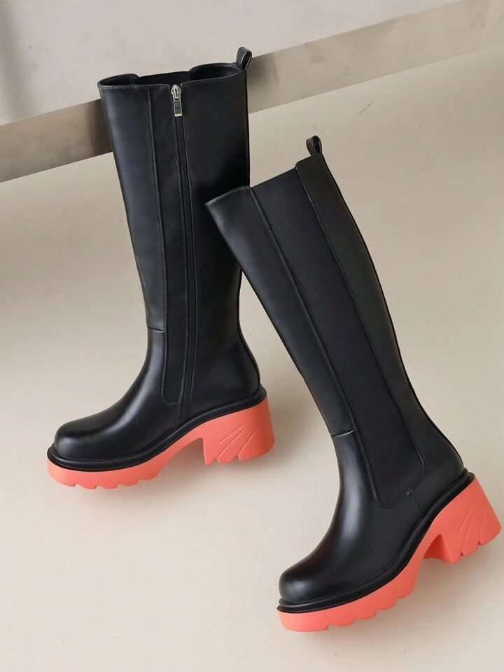 vivianly Vivianly Women's Elastic Panel LuggedSole Knee Boots, Chunky High HeeledBoots Stretch Ri... | SHEIN