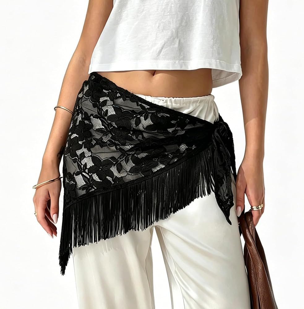 Women Lace Fringe Scarf Belt Sheer Mesh Waist Hip Scarfs Beach Cover Up Skirt Wraps | Amazon (US)