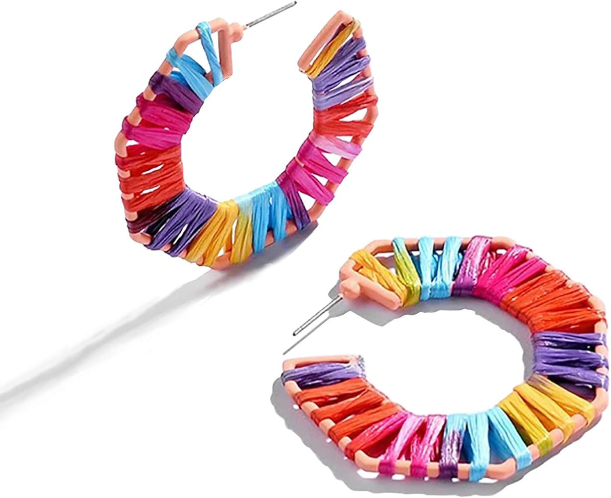 Statement Rattan Raffia Hoop Drop Earrings for Women Geometric Handmade Colorful Rainbow Earring | Amazon (US)