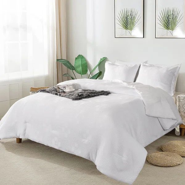 3 Pieces Waffle Weave Comforter Set Textured Jacquard Bedding Set | Wayfair North America