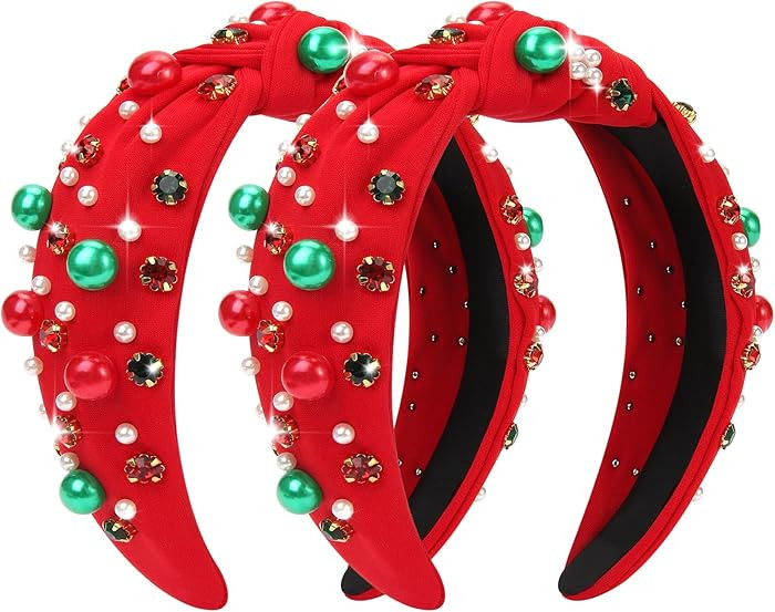 2 Pcs Christmas Headband for Women Pearl Knotted Headband Red Green Pearl Rhinestone Crystal Jewe... | Amazon (US)