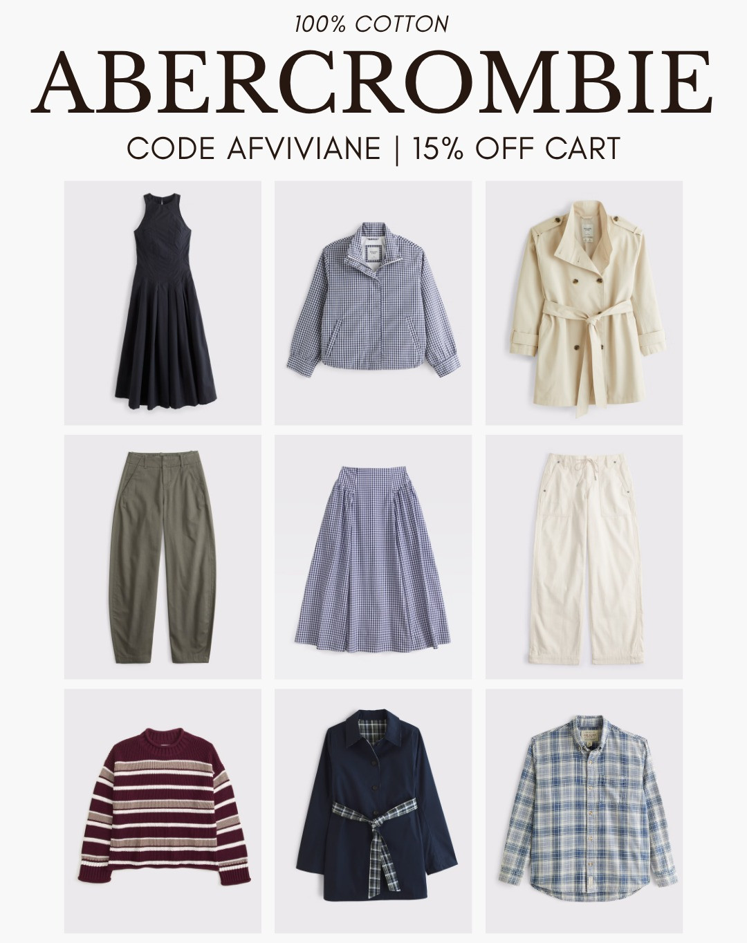 [9/10/26] Abercombie 100% Cotton | Use code AFVIVIANE | 15% off at checkout!

*Use code AFVIVIANE to get an additional 15% off almost everything in stores and online at checkout from September 10, 2026 to September 14, 2026 in US/CA. Exclusions apply. See details online. 

 #LTKootd #LTKSeasonal #LTKSaleAlert