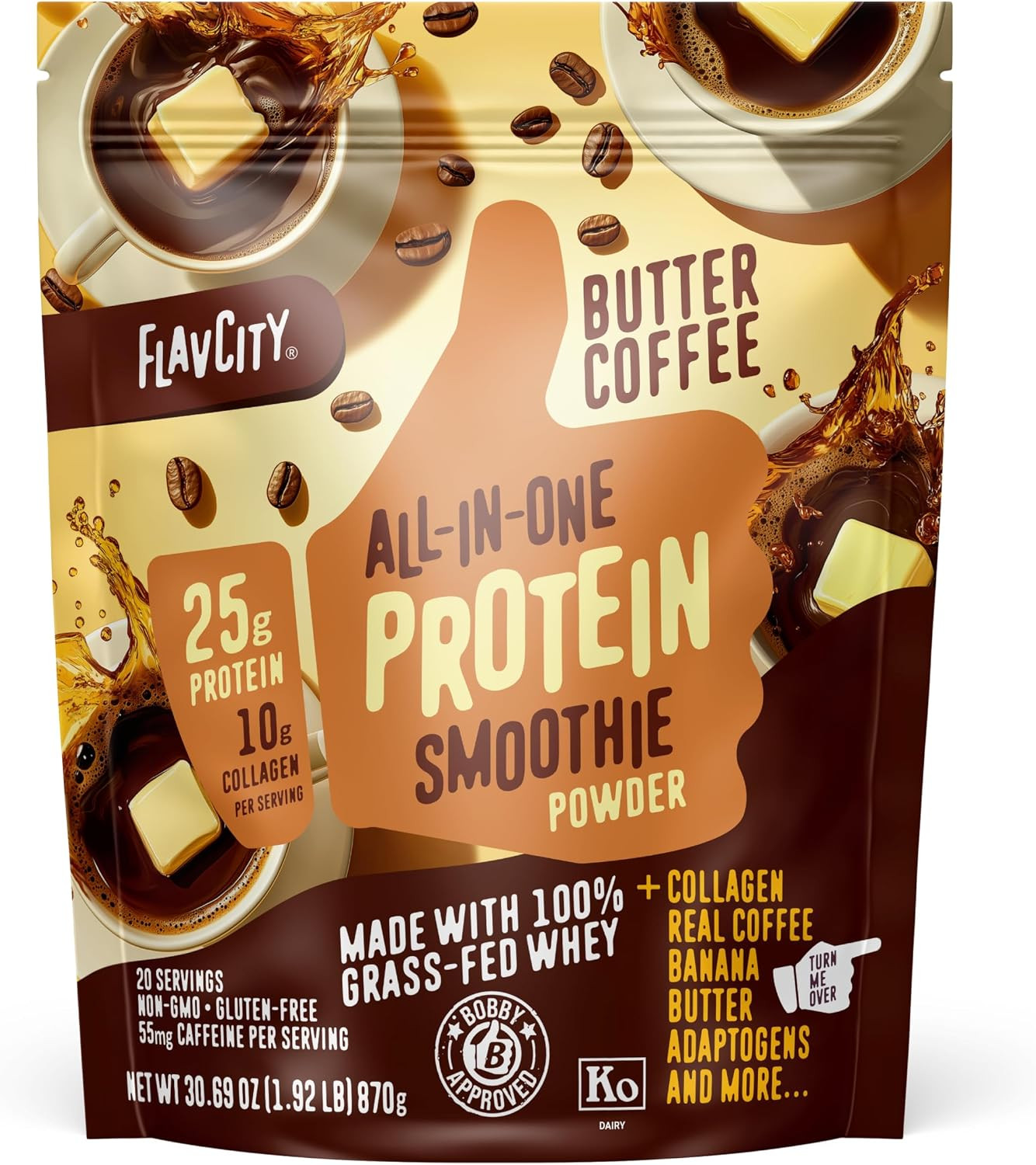 FlavCity All in One Protein Shake Powder, Butter Coffee - 55mg Caffeine + Collagen Peptides, Reishi & Cordyceps - Focus, Skin, Hair & Joint Support - 100% Grass Fed Whey, 20 Servings | Amazon (US)