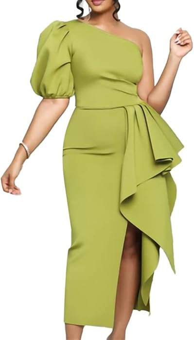 Women's Sexy One-Shoulder Strap Puff Sleeve Evening Gown Elegant Solid Color Ruffle Trim Hem Body... | Amazon (US)