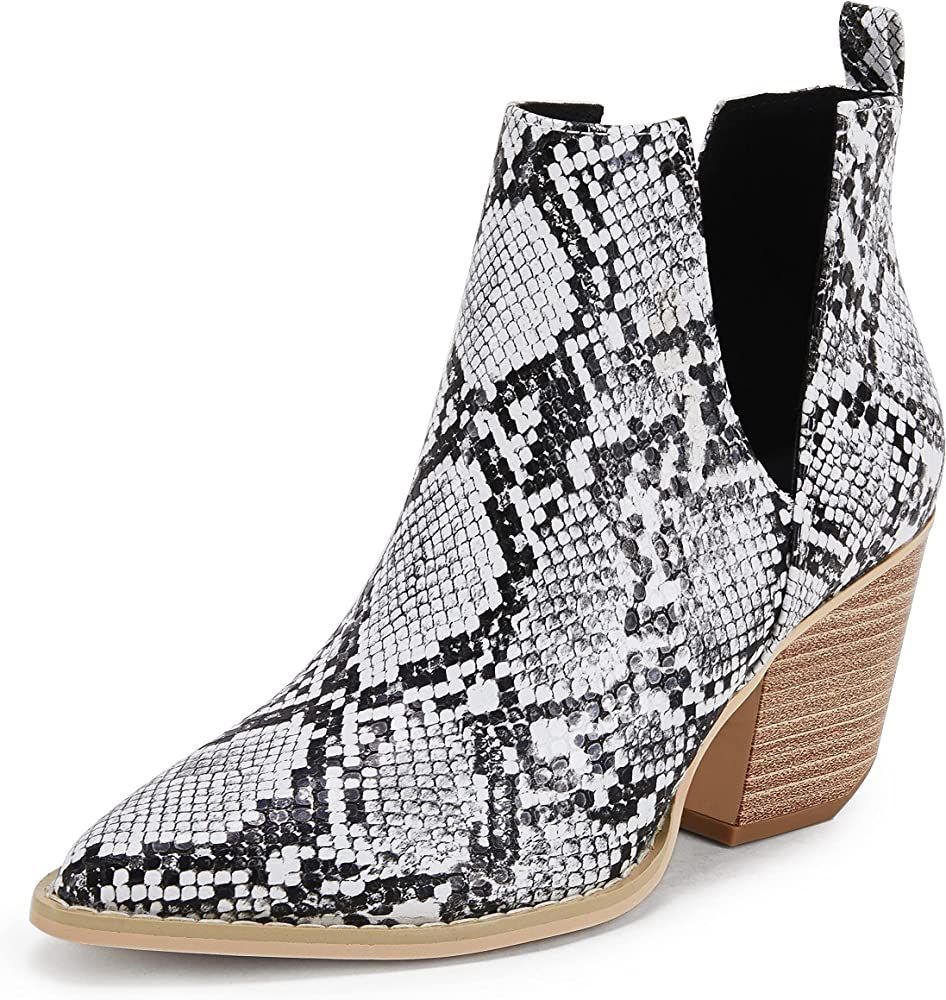 Huiyuzhi Women's Ankle Boots Slip on Cutout Pointed Toe Snakeskin Chunky Stacked Mid Heel Bootie | Amazon (US)