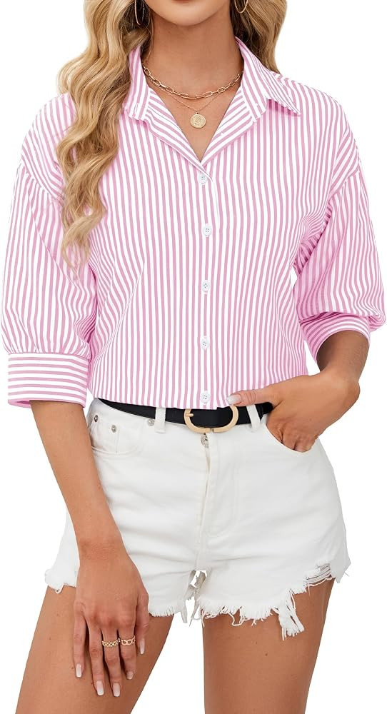 siliteelon Button Down Shirts for Women Striped Dress Shirts 3/4 Sleeve Wrinkle Free Casual Colla... | Amazon (US)