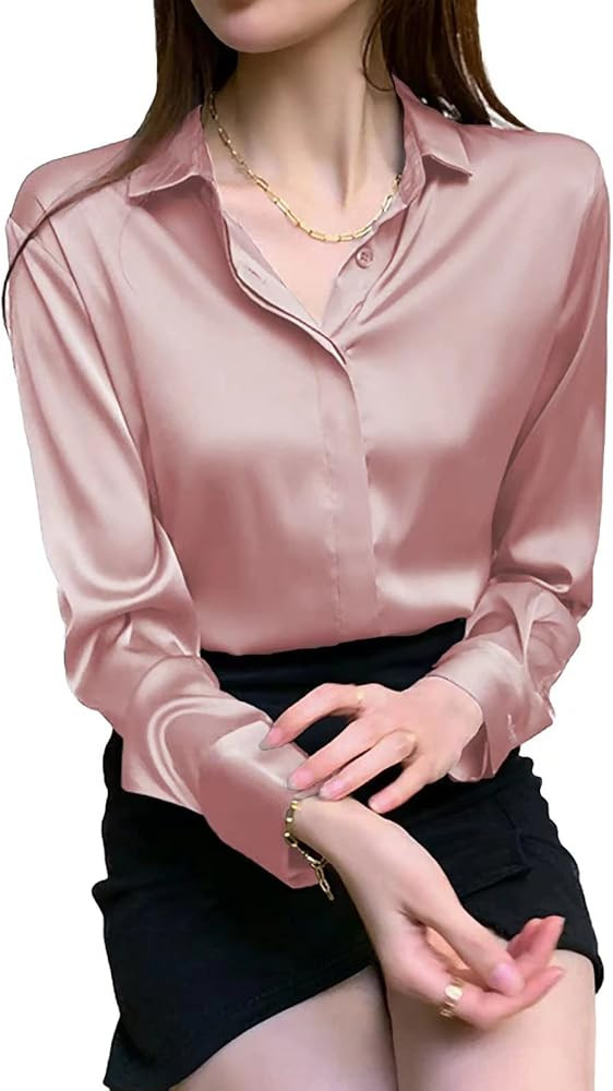 Women's Satin Blouse Fashion Long Sleeve Satin Silk Shirt Work Office Top Casual Shirt | Amazon (US)