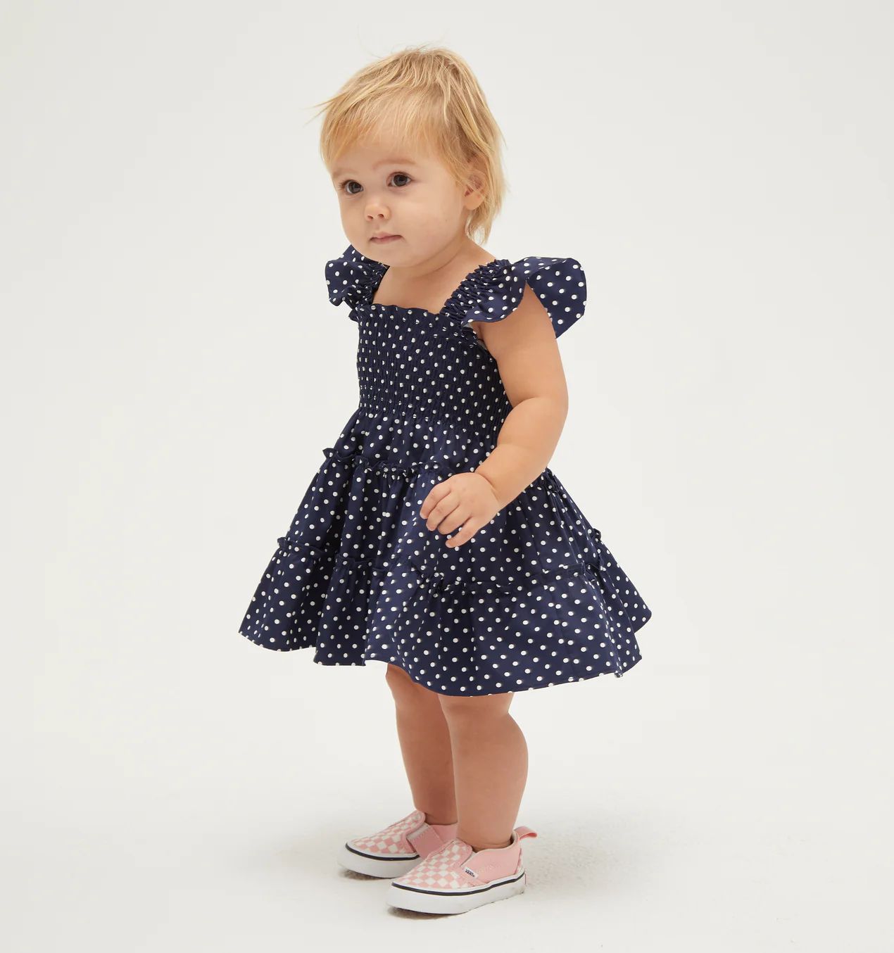 The Baby Ellie Nap Dress - Navy Polka Dot Cotton Sateen | Hill House Home