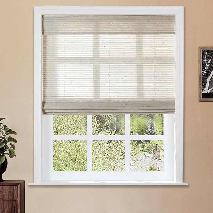 TWOPAGES Natural Cordless Ramie Bamboo Shade for Kitchen Windows No Drill Custom Made Roman Blind... | Amazon (US)