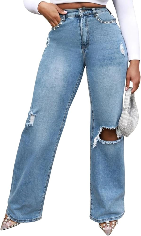 Women's Wide Leg Straight Jeans High Waisted Baggy Stretch Loose Denim Pants | Amazon (US)