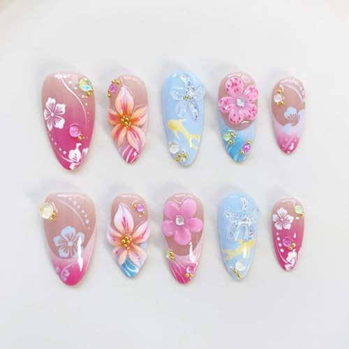 30Pcs 3D Tropical Flower Press on Nails Medium Almond Handmade Fake Nails with Hibiscus Floral Starfish Designs Pink Blue Gradient French Tip False Nails Reusable Summer Beach Acrylic Nails for Women | Amazon (US)