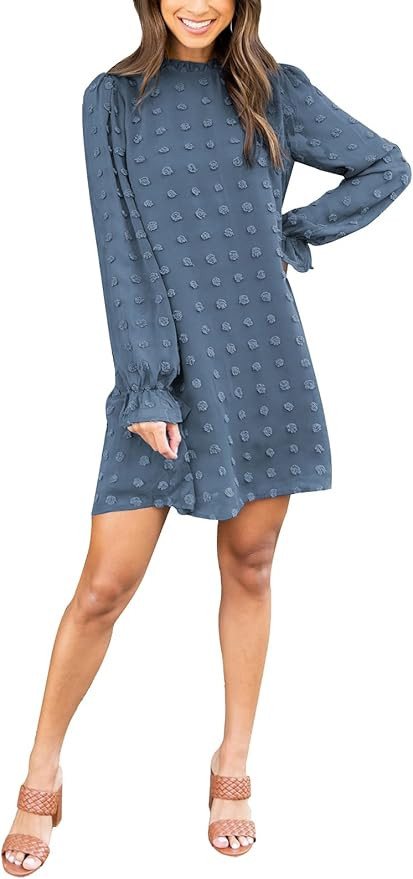 Adibosy Women's Dress Long Sleeve Swiss Dot Mini Dresses Round Neck Loose Chiffon Casual Short Dr... | Amazon (US)