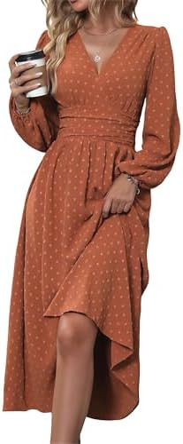 Mettclasi Women's Spring Fall Swiss Dot V-Neck Midi Dress Casual Puff Long Lantern Sleeve A-Line ... | Amazon (US)