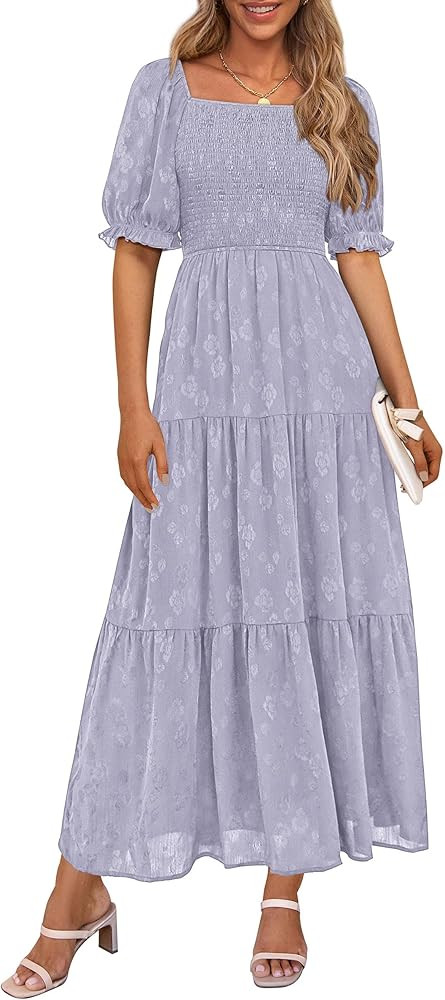PRETTYGARDEN Women's 2026 Summer Casual Midi Dresses Square Neck Short Sleeve Smocked A Line Flor... | Amazon (US)