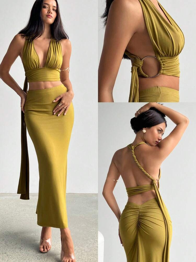 Aloruh Women's Elegant & Sexy Deep V Neckline Detail Ruched Backless Skirt 2 Pieces Set, Olive Color, Beach Resort Vacation Summer Outfits For Women Two Pieces Set Women Vacation Outfits Woman Beach Outfits For Woman Vacation Outfits Women | SHEIN
