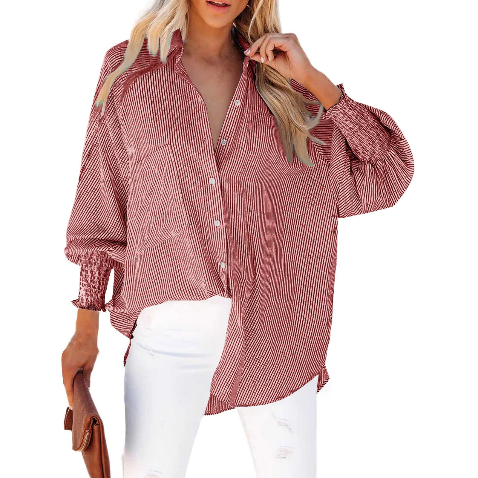 Mohiass Women's Smocked Cuffed Striped Boyfriend Shirt with Pocket Casual Collar Long Sleeve Blou... | Walmart (US)
