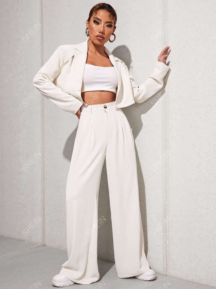 SHEIN EZwear Lapel Neck Single Button Crop Blazer & Pants | SHEIN