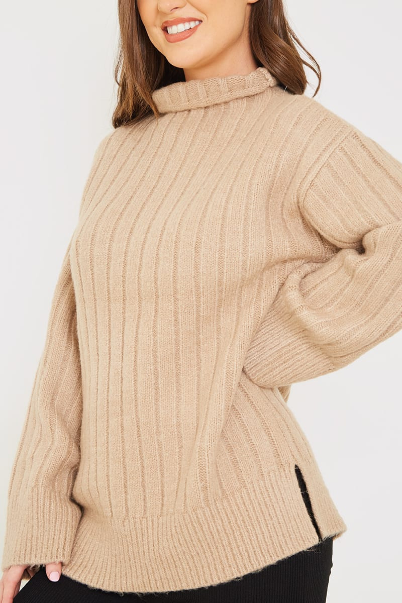 GEMMA LOUISE MILES CAMEL WIDE RIB HIGH NECK LONGLINE KNITTED JUMPER | In The Style (UK)