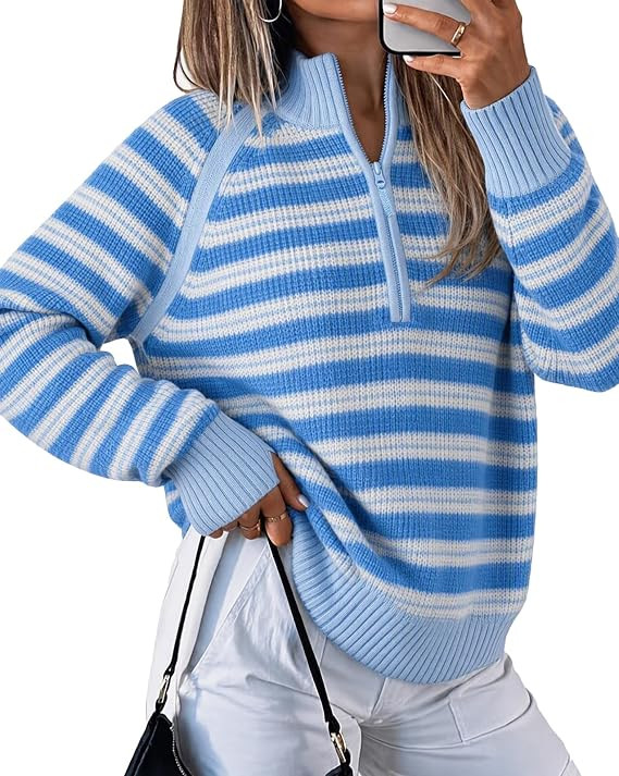 Fisoew Sweaters for Women Half Zip Striped Pullover Ribbed Knit Tops | Amazon (US)