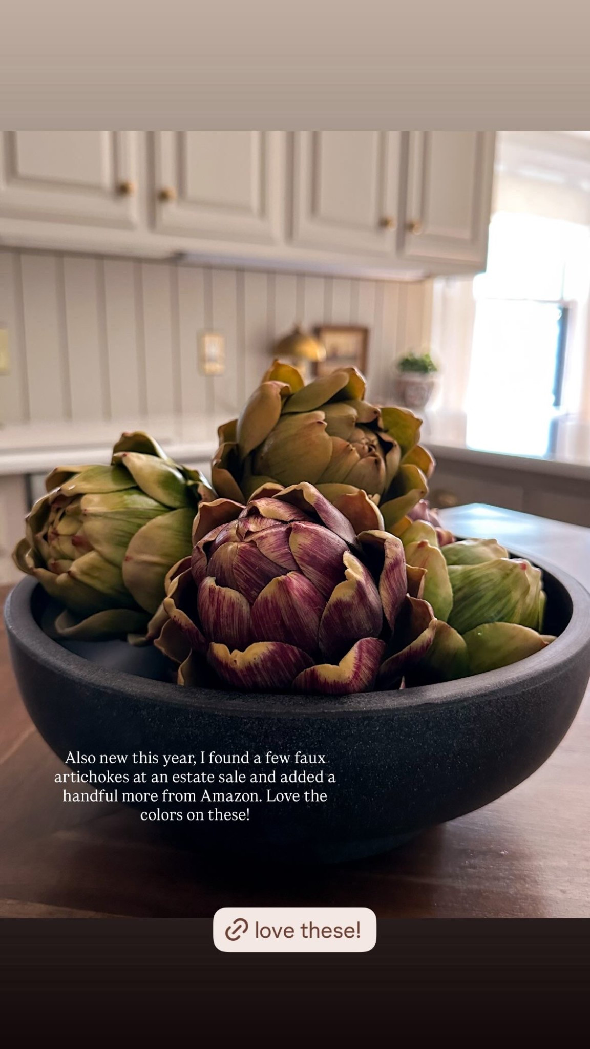 Also new this year, I found a few faux artichokes at an estate sale and added a handful more from Amazon. Love the colors on these!