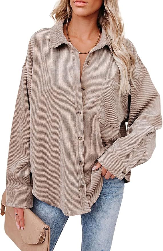 Dokotoo Womens Corduroy Button Down Shirts Boyfriend Long Sleeve Oversized Blouses Tops | Amazon (US)