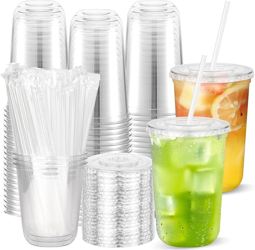 50PCS Clear Cups with Lids and Straws, Plastic Disposable Coffee Smoothie Milkshake Juice Cups To... | Amazon (US)