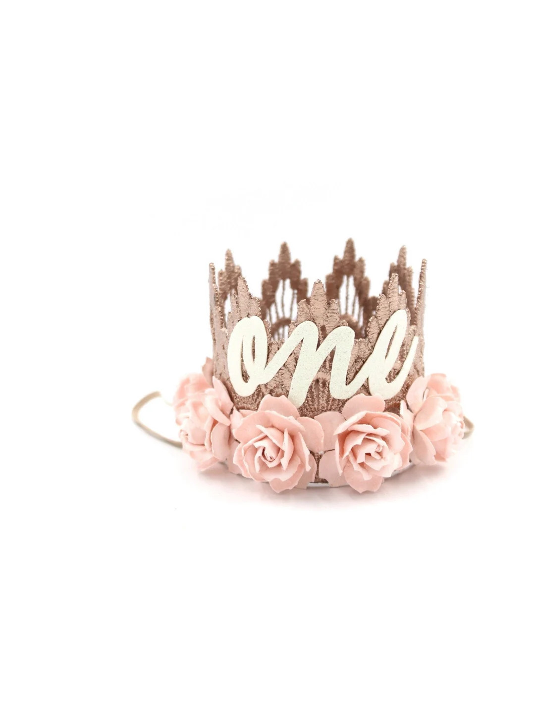 MINI first birthday crown cursive one  || rose gold with palest pink flowers lace crown headband ... | Etsy (US)