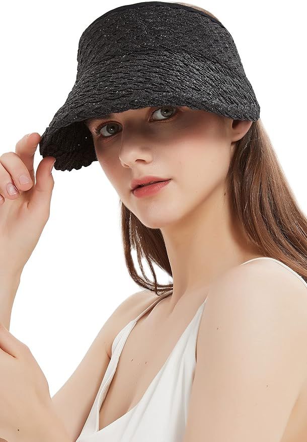 Giolshon Women's Roll Up Foldable Sun Hat Wide Brim Straw Beach Cap Loop Closure and Adjustable G... | Amazon (US)