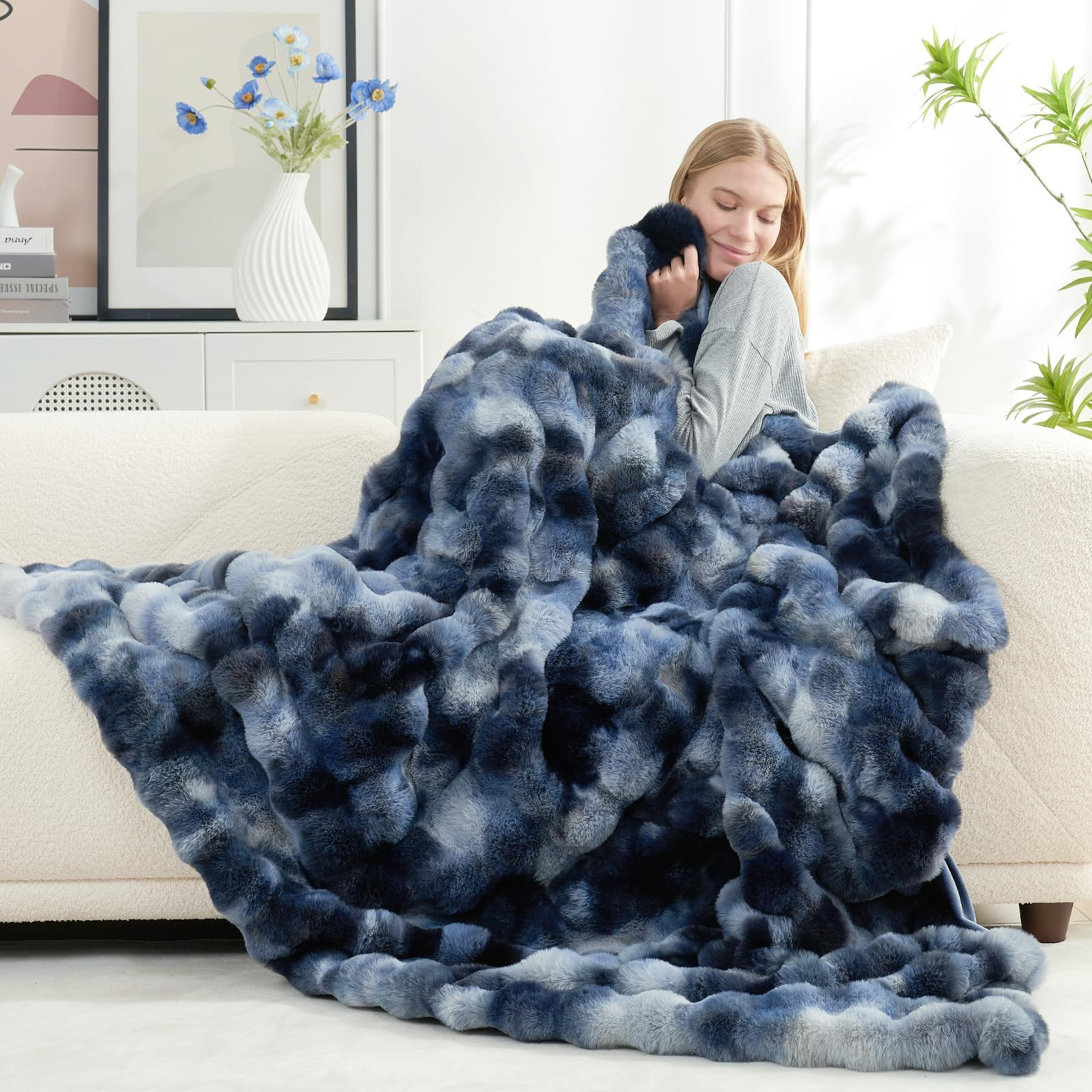 Cozy Bliss Faux Fur Throw Blanket for Couch, Fuzzy Soft Plush Thick Bubble Blanket for Sofa Bedro... | Amazon (US)