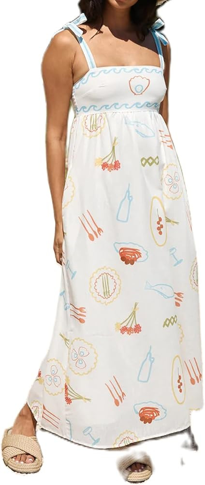 Women Graphic Maxi Cami Dress Spaghetti Strap Floral Boho Long Dress Flowy Summer Holiday Beach D... | Amazon (US)