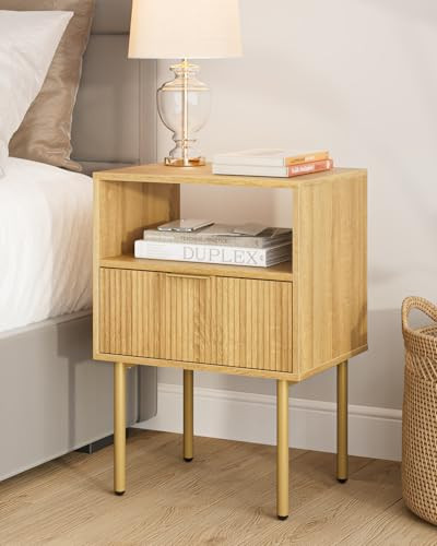Masupu Night Stand,Mid-Century Modern Bedside Table with Storage Drawer and Open Wood Shelf,Small Gold Frame Side Table for Bedroom,Living Room, Natural | Amazon (US)