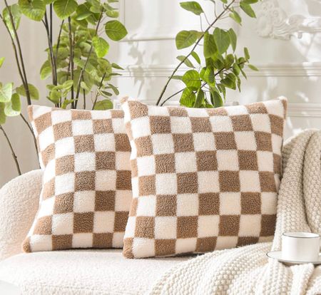 WACOMECO Decorative Throw Pillow Covers - Soft Sherpa Checkerboard Cushion Covers Faux Fur Pillow Cases for Sofa Bedroom Livingroom Car, 18 x 18 in, Khaki and Off White

#LTKunder50 #LTKFind #LTKhome