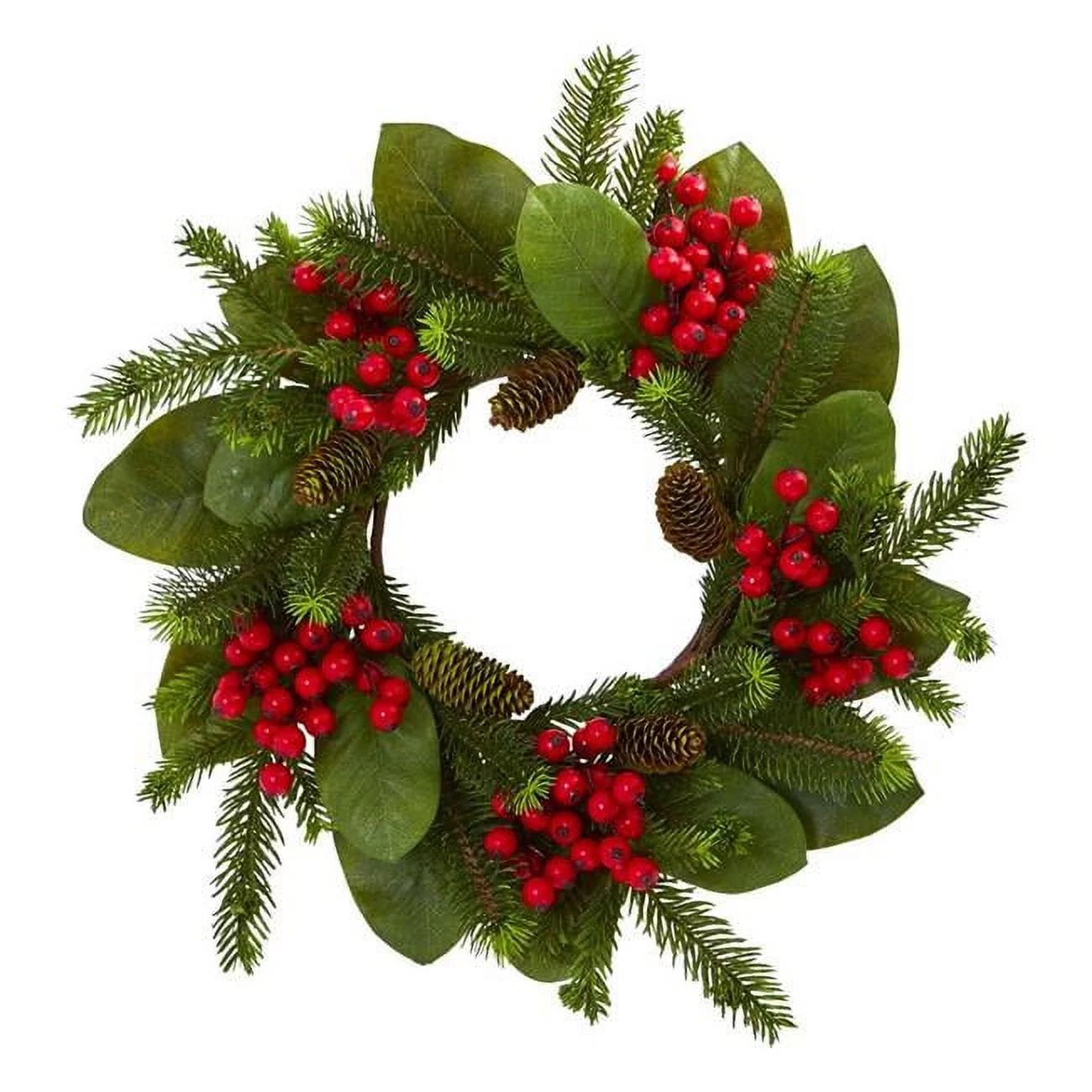 Nearly Natural 19in. Magnolia Leaf, Berry and Pine Artificial Wreath - Walmart.com | Walmart (US)
