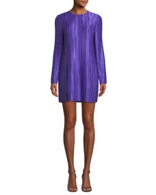 Long-Sleeve Jewel-Neck Plisse Mini Cocktail Dress | Bergdorf Goodman