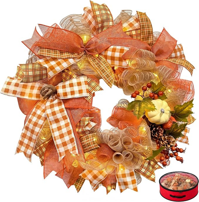24 Inch Fall Wreaths for Front Door, Pumpkin Autumn Wreath | Handmade & Pre-Lit Door Wreath with ... | Amazon (US)