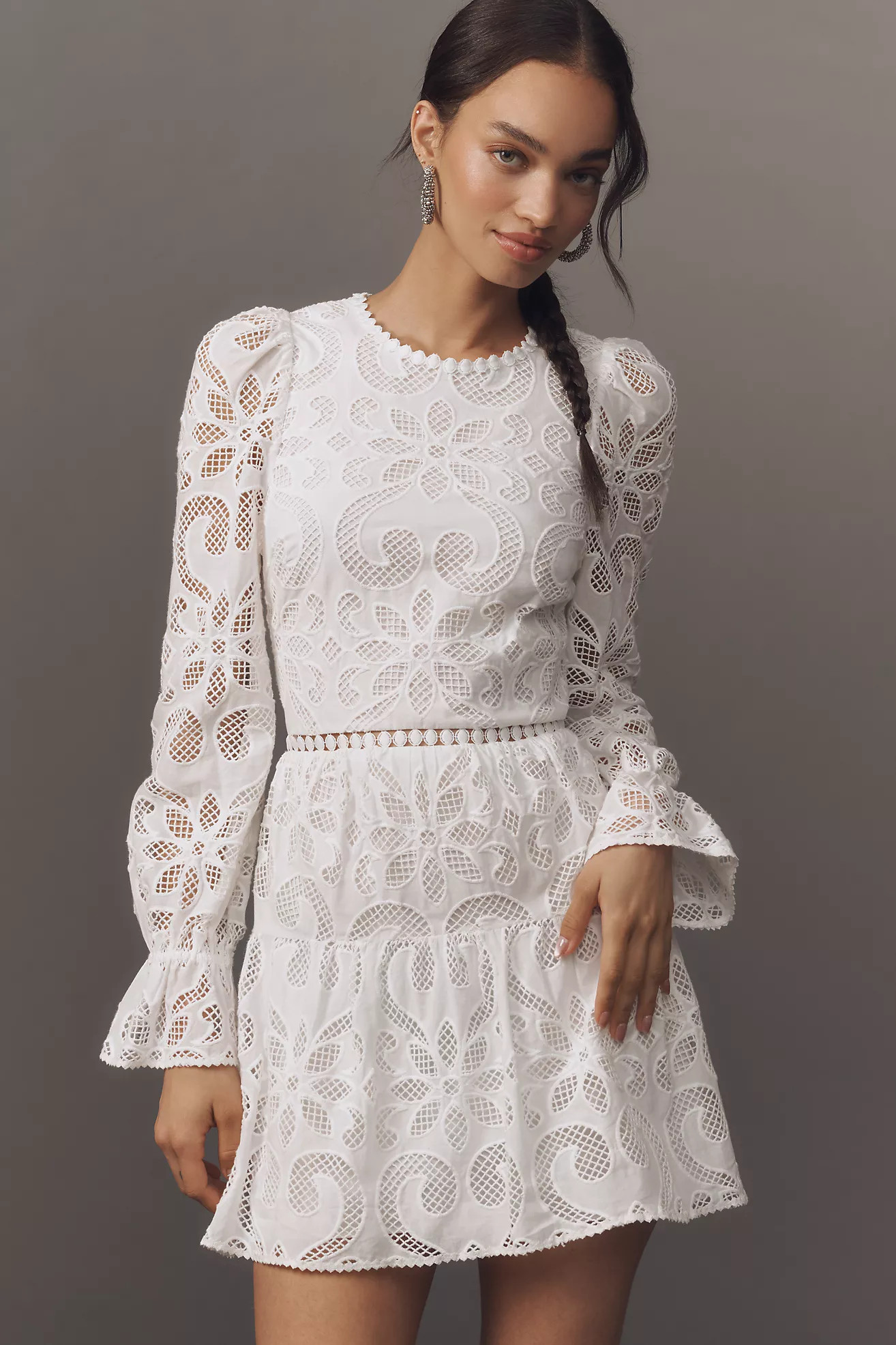 Saylor Marilla Long-Sleeve Eyelet Lace Mini Dress | Anthropologie (US)