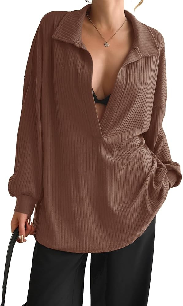 Fisoew Womens Oversized Deep V Neck Sweatshirts Casual Collared Long Sleeve Ribbed Knit Pullover ... | Amazon (US)