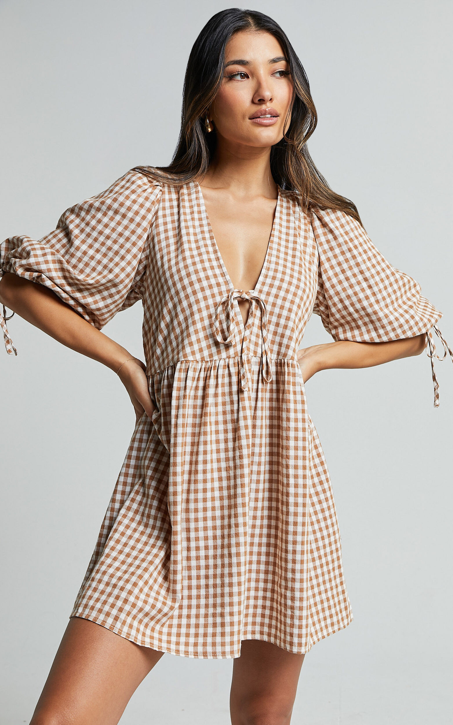 Rosita Mini Dress - Tie Front Puff Sleeve Dress in Caramel & White Gingham | Showpo (US, UK & Europe)