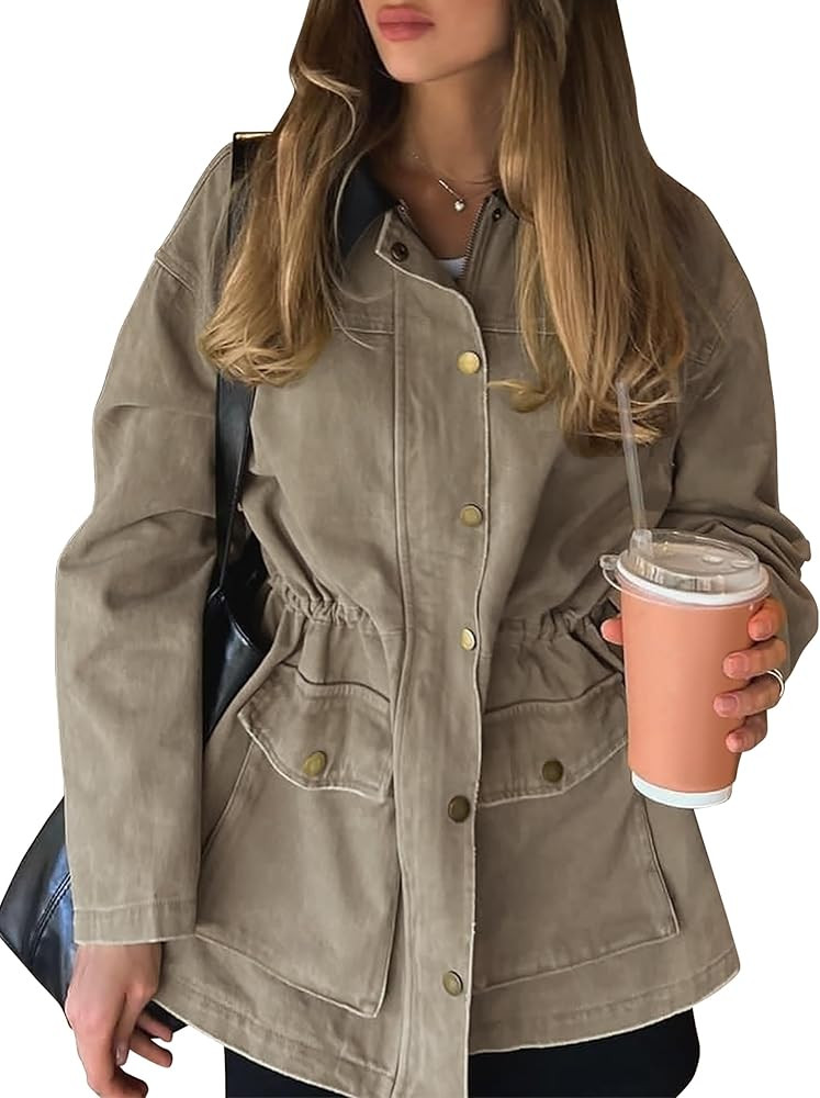 Barn Jackets for Women Contrast Collar Utility Jacket Zip Up Drawstring Waist Barn Coat 2025 with... | Amazon (US)