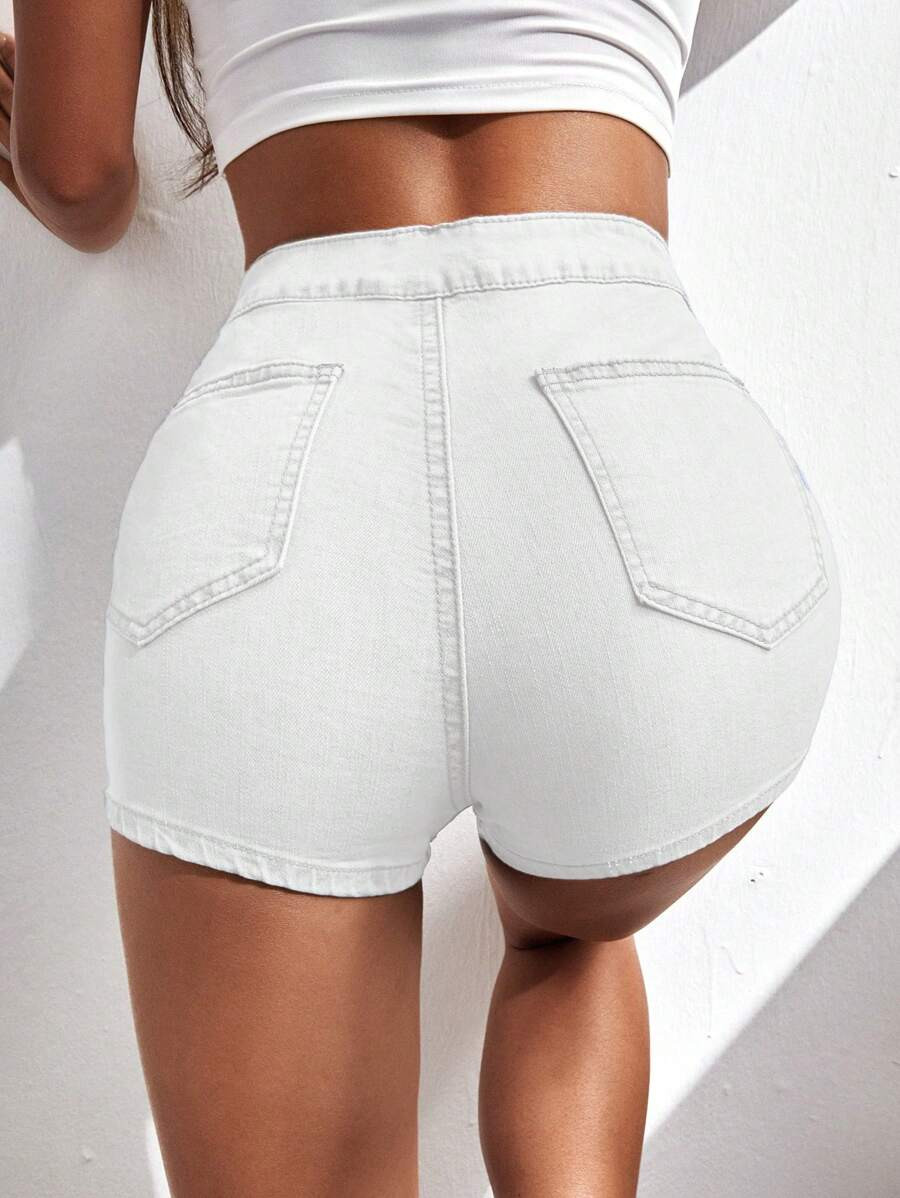 SHEIN EZwear Shorts De Mezclilla De Estilo Simple Con Color Sólido Para Damas | SHEIN