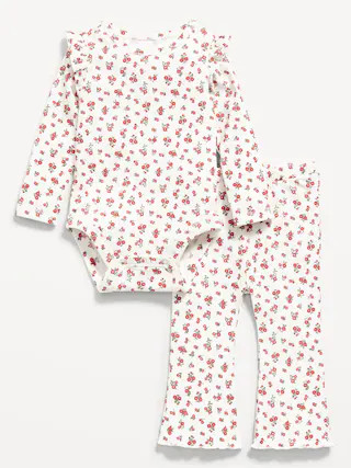 Printed Ribbed Ruffle-Trim Bodysuit and Pants Set for Baby | Old Navy (US)