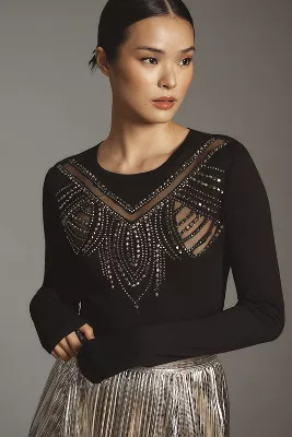 By Anthropologie Long-Sleeve Beaded Appliqué Top | Anthropologie (US)