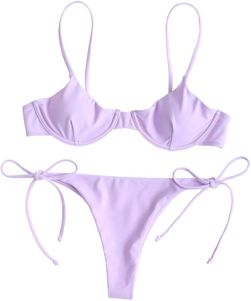 ZAFUL Women's Underwire Push Up Balconette Tie Side String Bikini Set Swimsuit | Amazon (US)
