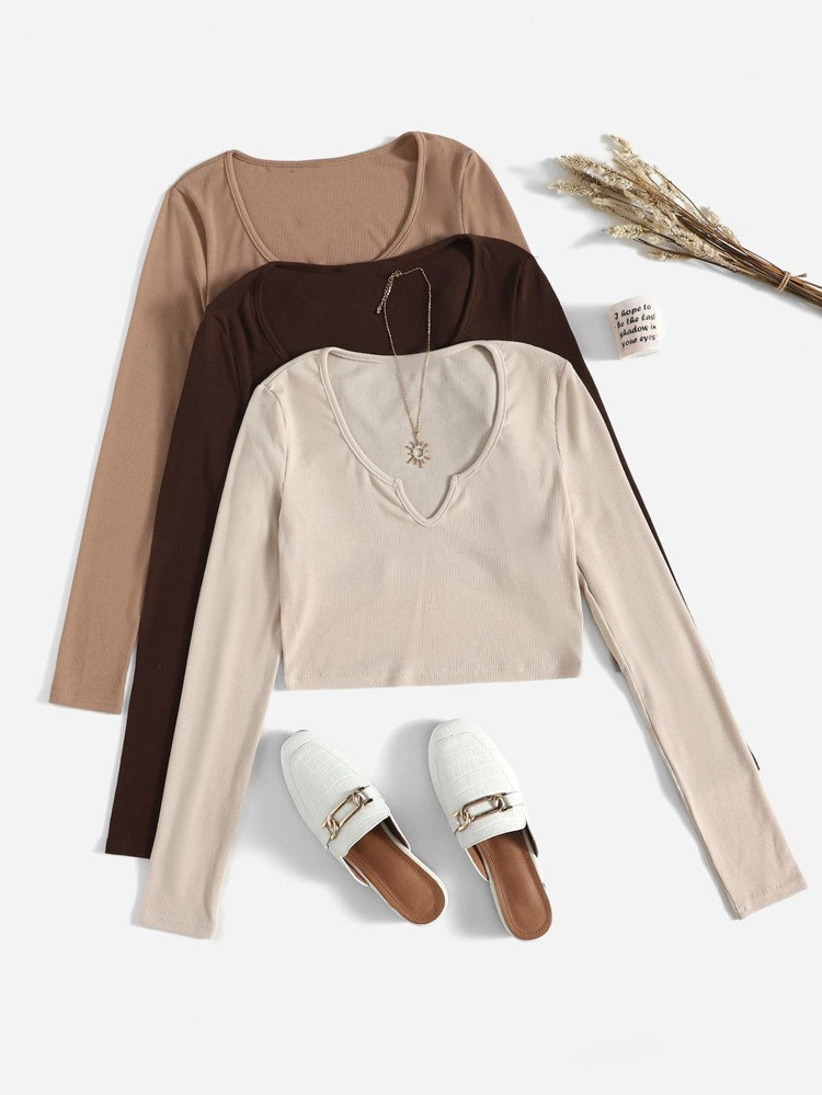 SHEIN EZwear 3pcs Solid Notched Neck Tee | SHEIN