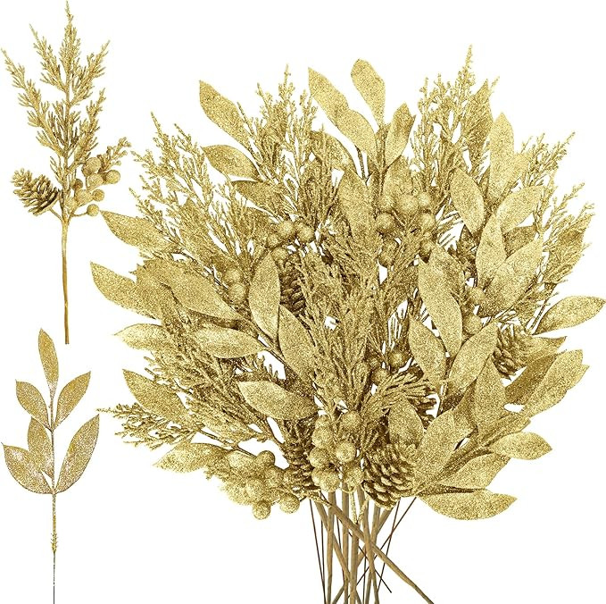 Winlyn 24 Pcs Christmas Artificial Leaf Sprays Pine Needles Pinecone Berries Stems Gold Glittered... | Amazon (US)