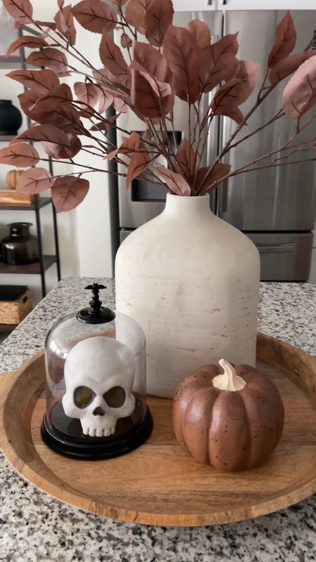 Fall kitchen centerpiece 🤎 ceramic vase, rustic vase, fall stems, Halloween cloche, skeleton head, rustic pumpkin 

#LTKSeasonal #LTKhome #LTKHalloween